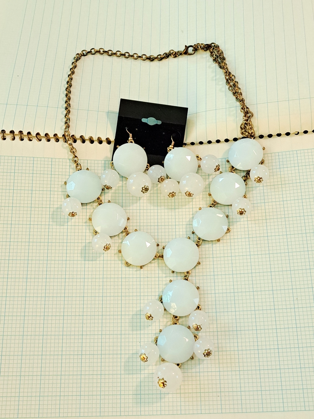 J. Crew 90s Set Earrings & White and Gold Tiered Bubble Bib Necklace